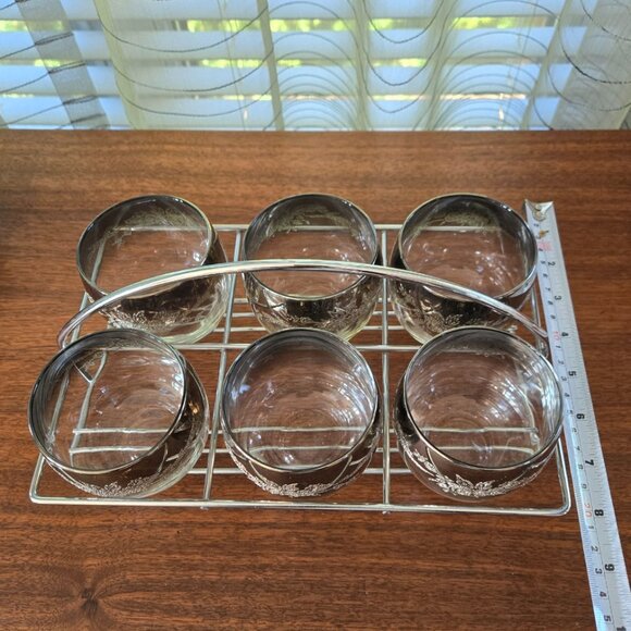 Silver Fade Roly Poly Glasses Caddy Set of 6 VTG MCM Ombre Relief Flowers 11.75" - Picture 4 of 9